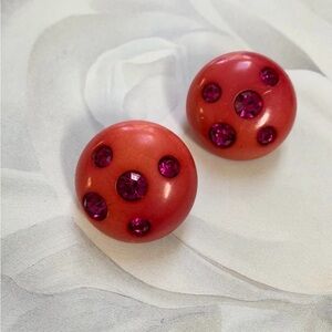 Stunning Italian Large Chunky Mod Lucite/ Magenta Rhinestones Clip-on Earrings